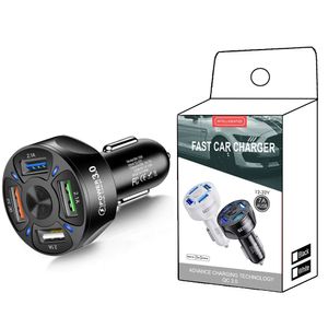 QC3.0 Quick Car Charger Fyra USB -portar Snabbladdning LED -ljus Display för iPhone Samsung Androdi -smartphones surfplatta PC