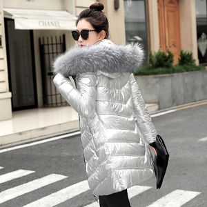 Damen Trenchcoats Frauen Winterjacken Kurzer warmer Mantel Silber Farbe Stil 2022 Damen Parka Luxus Pelzkragen Plus Größe S-3XL