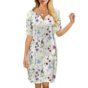 Женское платье, винтажное свободное платье с v-образным вырезом и цветочным 3D принтом, повседневное платье с короткими рукавами для женских платьев, летнее платье 220616