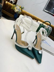 디자이너 - 패션 하이 힐 샌들 100 % 가죽 여름 여성 미세 힐 발 뒤꿈치 신발 섹시한 진주 새틴 여자 신발 헝겊 레이디 다이아몬드 포인트