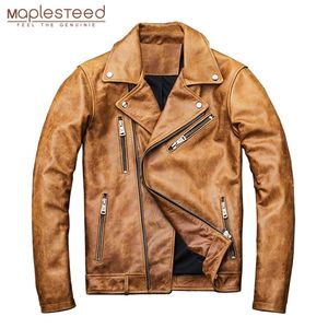 MAPLESTEED Natural Oil Wax Calf Skin Jackets Men Leather Jacket Thick Turn Down Collar Yellow Brown Men's Skin Coat Winter M098 201128
