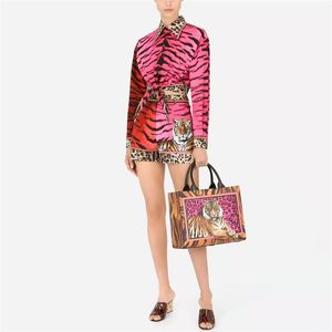 Work Dresses Summer Satin Lapel Single Breasted Shirt High Quality Tiger Print Shorts Set Leopard Short Mini Sexy Two PieceWork