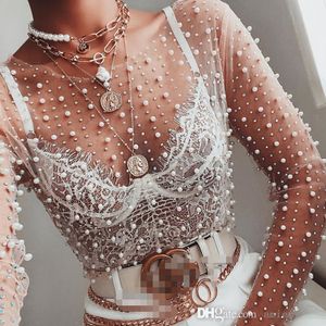 2022 Kvinnors skjorta Sexig perspektiv spetsskjorta kvinnliga toppar ljusa diamantpärlor långärmad topp mesh tee höstkläder