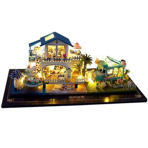 Mini Size Casa DIY Wooden Doll House Kit Miniature with Furniture Blue Ocean Cottage Dollhouse Toys for Friends Girls Xmas Gifts AA220325