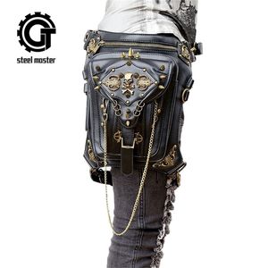 Fashion Gothic Steampunk Skull Retro Rock Men Women Waist Shoulder Phone Case Holder Vintage Leather Messenger Bag Y201224