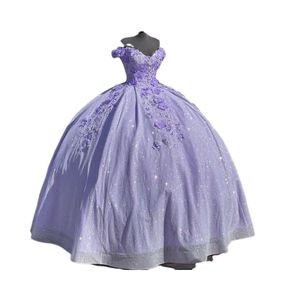 Princess Lilac Quinceanera klänningar 2022 av axelapplikationer spets söt 15 parti glittrande födelsedagsklänningar anpassade Made3009