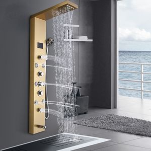 Svart LED -ljusduschpanel Vattenfall Regnduschkranar Spa Massage Jet Bath Column Shower System Mixer Tap