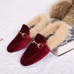 Metal chains leather flats winter loafer shoes winter warm fur flat creepers soft heel mujer Y200107