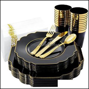 Dininar utensílios descartáveis ​​60 peças de festas de mesa preto vermelho com aro dourado plástico plástico sierware xícara conjunto de deus do dia de casamento