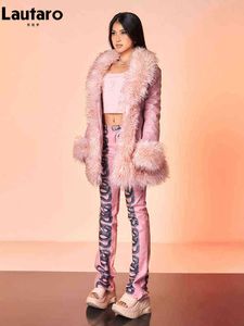 LaUtaro Autumn Winter Pink espessou o casaco de couro falso quente com guarnição de pele de peles
