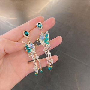 Dangle & Chandelier Korean Fashion Pearl Tassel Long Section Color Dripping Fairy Butterfly Open Ring Necklace Earring Female Suit JewelryDa