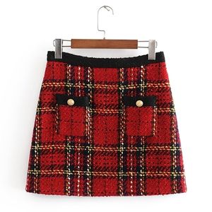 Chic Taschen Knöpfe Tweed Röcke Frauen Mode Lässig Plaid Rock Elegante Damen A-linie Mini Röcke Casual Faldas 210306