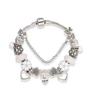 Charm-Armband, Herz, Diamant-Perlen, Charms, Liebesanhänger, passend für 925er Silber, Schlangenkette, DIY-Zubehör, Armreif mit Nylontasche oder Box als Geschenk
