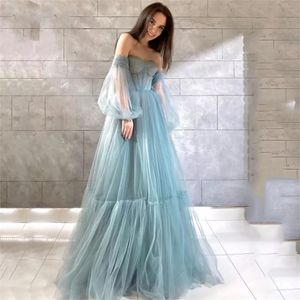 Elegant Dusty Blue Evening Dress Gown Off Shoulder Puff Prom Dresses Pleats V Neck Tulle Formal Party Vestidos De Fiesta W220421