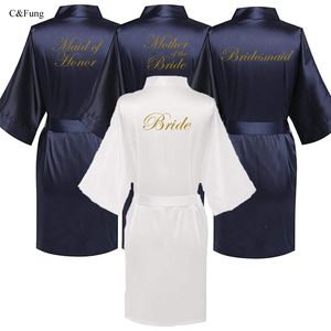 Women's Sleepwear C&Fung Navy Blue Robe Gold Writing Kimono Bridal Party Bridesmaid Sister Mother Of The Groom Bride Robes Wedding GiftW