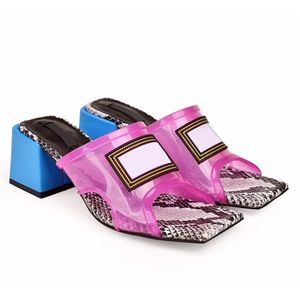 Nuove donne sandalo tacco medio punta quadrata sandali moda vera pelle tacchi alti pantofola trasparente PVC cristallo sandalo donna pantofola US 11 NO24