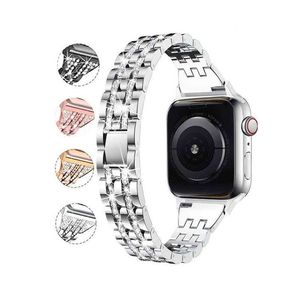 Smarta remmar Fem pärla Slim Chain Diamonds Women Steel Band Link Armband Rems Fit IWatch Series 7 6 SE 5 4 3 För Apple Watch 38mm 40mm 41mm 42mm 44mm 45mm armband