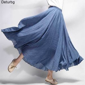 Женская элегантная высокая талия льняна Maxi юбка Летние дамы повседневные эластичные 2 слоя юбки Saia Feminina 20 цветов SK53 220317