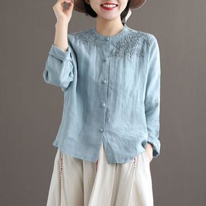 Cotton Linen Embroidered T Shirt for Women Spring Summer Tee Artistic Plus Size Loose Pure Color Trendy All -Matching Top