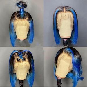 레이스 가발 하이라이트 블루 인간의 머리카락 여성용 전면 가발 브라질 레미 짧은 밥 투명한 폐쇄