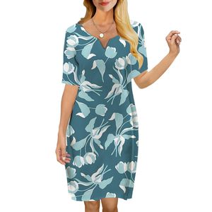 Mulheres vestido flores padrão 3d impresso vneck solto casual manga curta vestido de mudança para vestidos femininos fatores naturais 220616