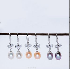 925 Srebrne cyrkony Bow Ear Haczyk Dangle żyrandol Naturalne kolczyki z perłami słodkowodnymi Białe fioletowe różowe damie/dziewczyna biżuteria mody