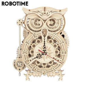 Robotime ROKR 161PCS Creative DIY 3D OWL Clock Drewniany model zestawu bloków konstrukcyjnych Prezent dla dzieci dla dzieci LK503 220715