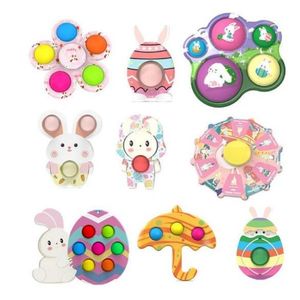 Party Favorit 2022 Påskkanin ägg Fidget Leksaker Push Popet Bubble Popper Board Key Ring Popping Sensory Puzzle Rainbow Silicone Finger Bubble Family Game