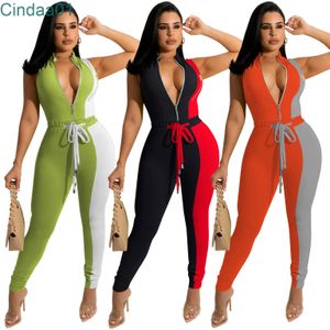 Women Tight Pants Sexy V-neck Color Matching Fashion Casual Jumpsuit Drawstring rompers S-XL