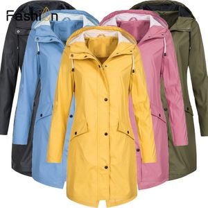 Plus storlek 5xl Womens Solid Rain Jacket Outdoor Hoodie Waterproof Long Coat Women Rain Coats långa vandringsjackor Y200101