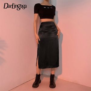 Darlingaga vintage bruine hoge taille rok vrouwelijke harajuku satijn lange rok zijkant split dames zomer rokken gotische kleding