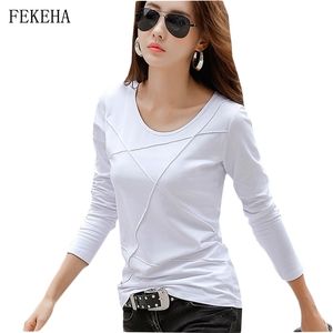 Spring Women Tee Shirt Slim Long Sleeve Black White Blue Office Lady ops Cotton - Casual High Quality 220328