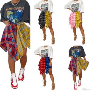 여성 스 플라이 싱 치마 패션 불규칙 비대칭 격자 묶인 소매 가짜 셔츠 치마 길이 격자 무늬 성인 스커트