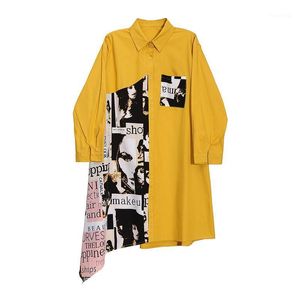 カジュアルドレス黄色の不規則なプリント女性のための大きなサイズのシャツ2022ラペル長袖ルーズフィットファッションドレス女性春秋