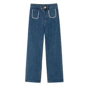 Hohe Taille Denim Gerade Hosen Frauen Perlen Trim Taschen Sommer Mode Lässig Breite Bein Jeans Wild Retro Einfache Blaue Hose T220728