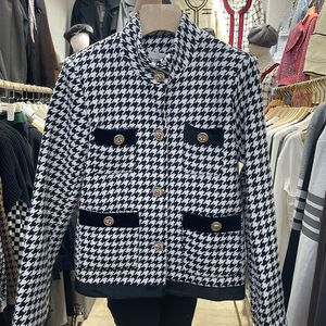 Ny Autumn Fashion Women's Houndstooth Plaid Grid Tweed Woolen Long Sleeve Stand Collar Coat Jacket Plus Size SML