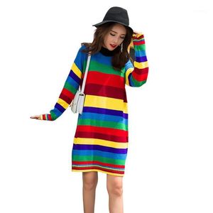 Casual Dresses Autumn Women 2022 Long Sleeve O-Neck Striped Plus Size Slim Clothes Female Colorful Mini Knitted Cotton Dress