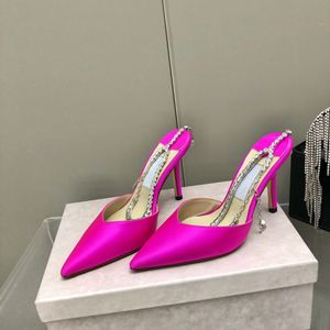 Designer Sandals Crystal Embellished Suede High Heel Rhinestone Chain Satin Heels Designers Dress Shoes Womens Stiletto Heels Wedding Party Shoe 8.5cm 34-40