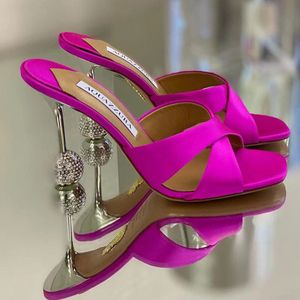 Yeni Aquazzura yüksek topuklu terlik sandalet stiletto katırlar elmas top metal topuk 105mm ipek slip-on açık ayak parmağı kadın lüks tasarımcılar ayakkabı