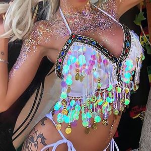 Kvinnors tankar Camis Summer Rainbow Sequin Tassel Top Sexig ryggl￶s Bandage Halter Crop Festival Kroppskvinnor KLￄNNINGAR