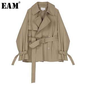 EAM Loose Fit Khaki Bandage Split Joint Große Größe Jacke Revers Langarm Frauen Mantel Mode Frühling 1R538 201029