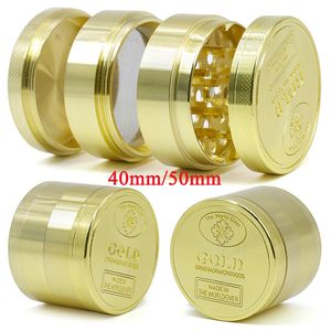 Guld ört slipmaskiner röker tillbehör 4 delar 40mm 50mm metallkvarn zinklegering tobaccotools ört kross hand bärbar kvarn för glas bongs riggar