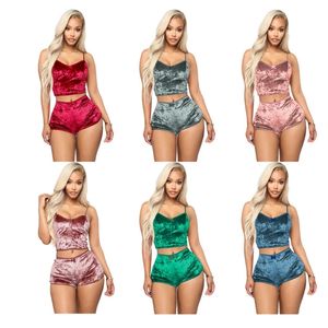 8 colors Women Sexy Velvet Pajama Sets Ladies Lace V-Neck Crop Tops Shorts 2Pcs Sleepwear Lingerie Pajamas 0089 W220418