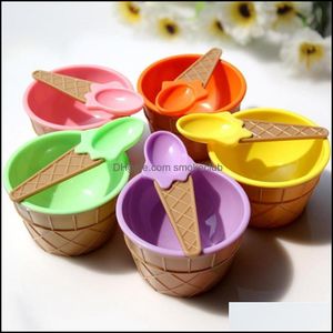 Bowls Dinnerware Kitchen Dining Bar Home Garden New 1Set Kids Ice Cream Bowl Spoon Set Durable Children Gifts Lovely Dessert Diy Tools Dr