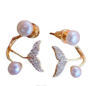 Orecchini a bottone con coda di pesce in zircone placcato oro 14k Orecchini con perle d'acqua dolce naturali Orecchini bianchi da donna / ragazza Gioielli da sposa di moda