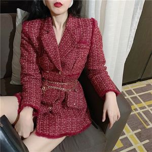 2020 New Gold Thread Plaid Coat Women Notched Collar Double Breasted Wool Coats Tweed Slim Jacket Outerwear With Free Belt Bag LJ201106