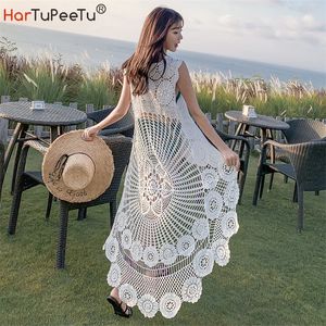 Crochet Beach Dress Lace Women Summer Seaside Bikini Cover Up Oversize Sexy Sleeveless Hollow Out Front Short Back Long 220524