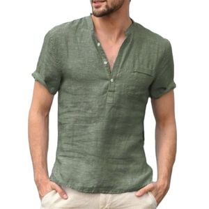 Manlig kort ärm linneknapp tshirt vneck mode sommar solid casual bomullslinne t skjortor blus tear män kläder 220615