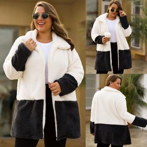 Женская меховая искусственная зимняя женская теплые пальто плюс размер контрастный цветовой сшивающий лагрет карман карман с длинными рукавами.