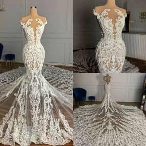 2022 Arabien Spitze Meerjungfrau Brautkleider Plus Größe Illusion Perlen Vintage Brautkleider Nach Maß Sexy vestidos de novia